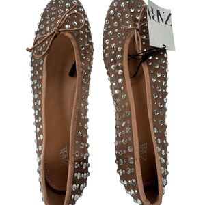 Zara Tan Rhinestone Embellished Flats